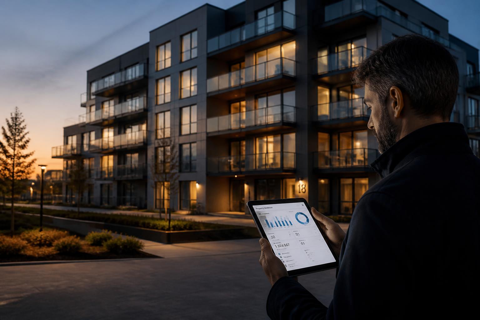 Fastighetsförvaltare granskar dashboard utanför modern flerfamiljsfastighet i kvällsljus